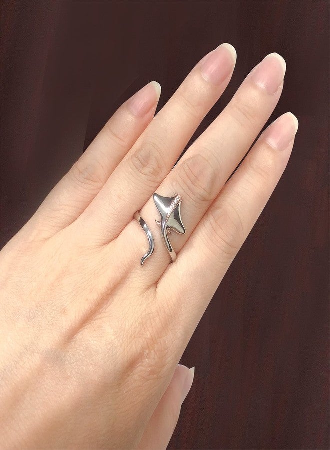 Ecooon 925 Sterling Silver Stingray open adjustable Ring for women, ocean Animal adjustable Cubic Zirconia ring, Manta Ray Wrap Open Ring for Women gift Jewelry size 6-10 - Image 4